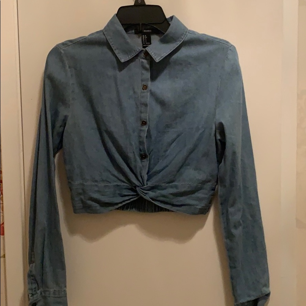Faux denim long sleeve crop top with front twist